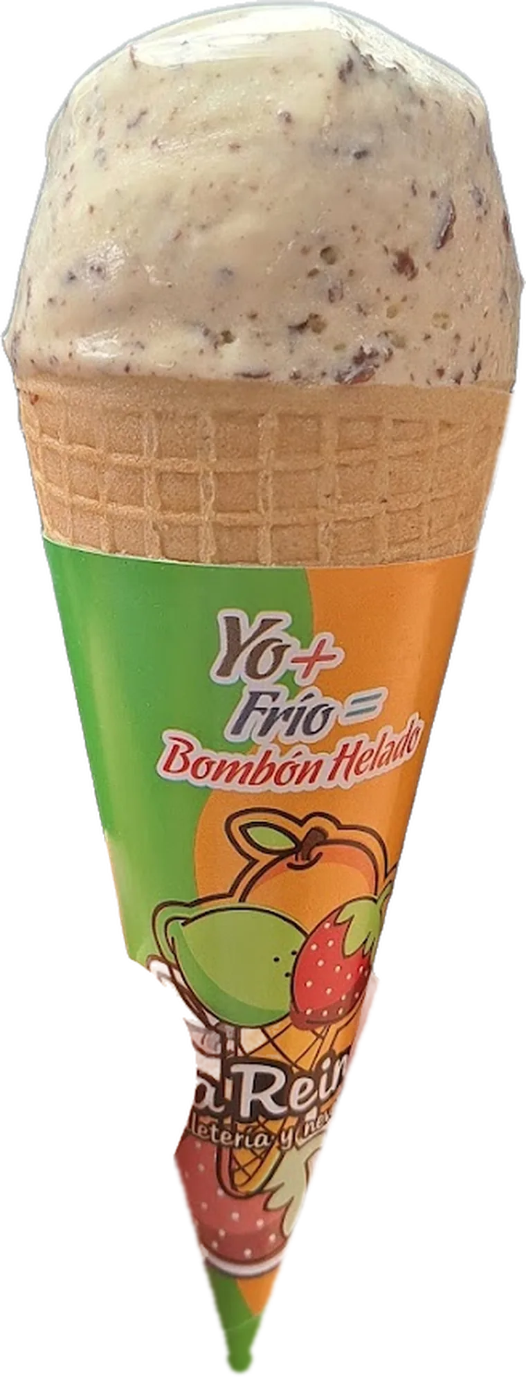 Cono de La Reina con nieve de galleta, en su envoltura de la casa.